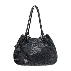 Brighton Embroidered Floral on Leather Braided Straps Tote Black